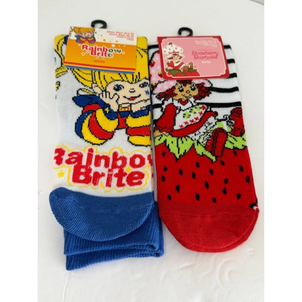 Rainbow Brite Strawberry Shortcake Socks 2 Pair Set Retro 80s Cartoon Crew NEW